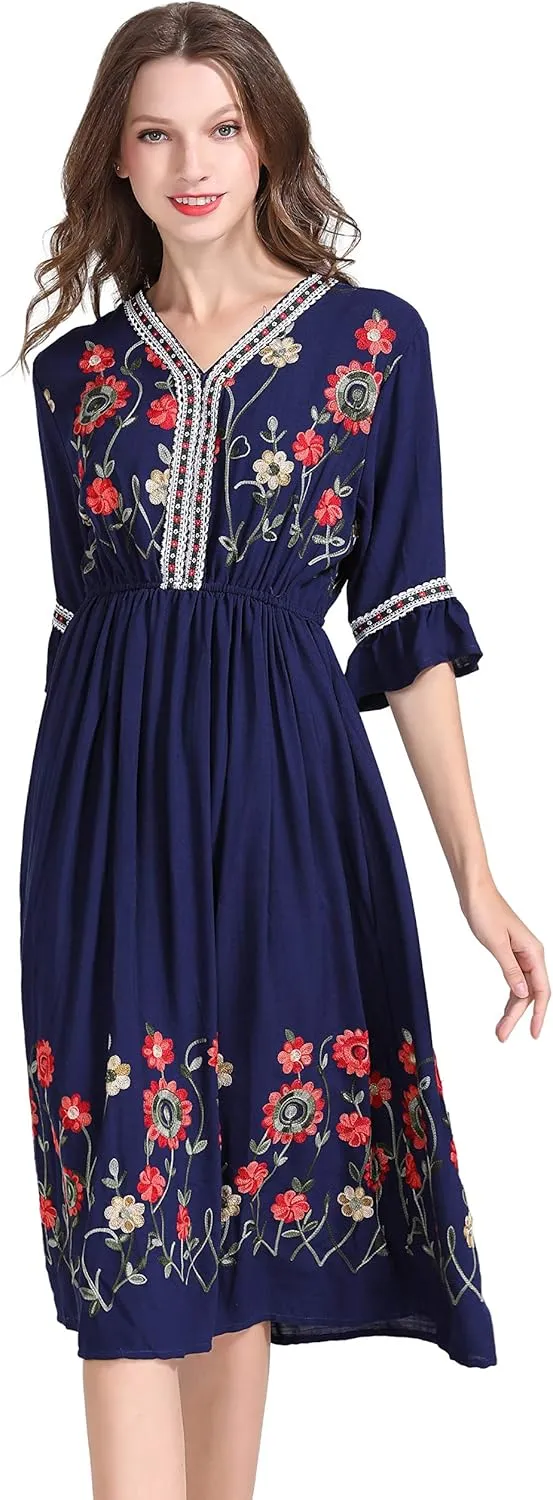Shineflow Women's Short Sleeve Mexican Embroidered Floral Pleated Midi A-line Cocktail Dress