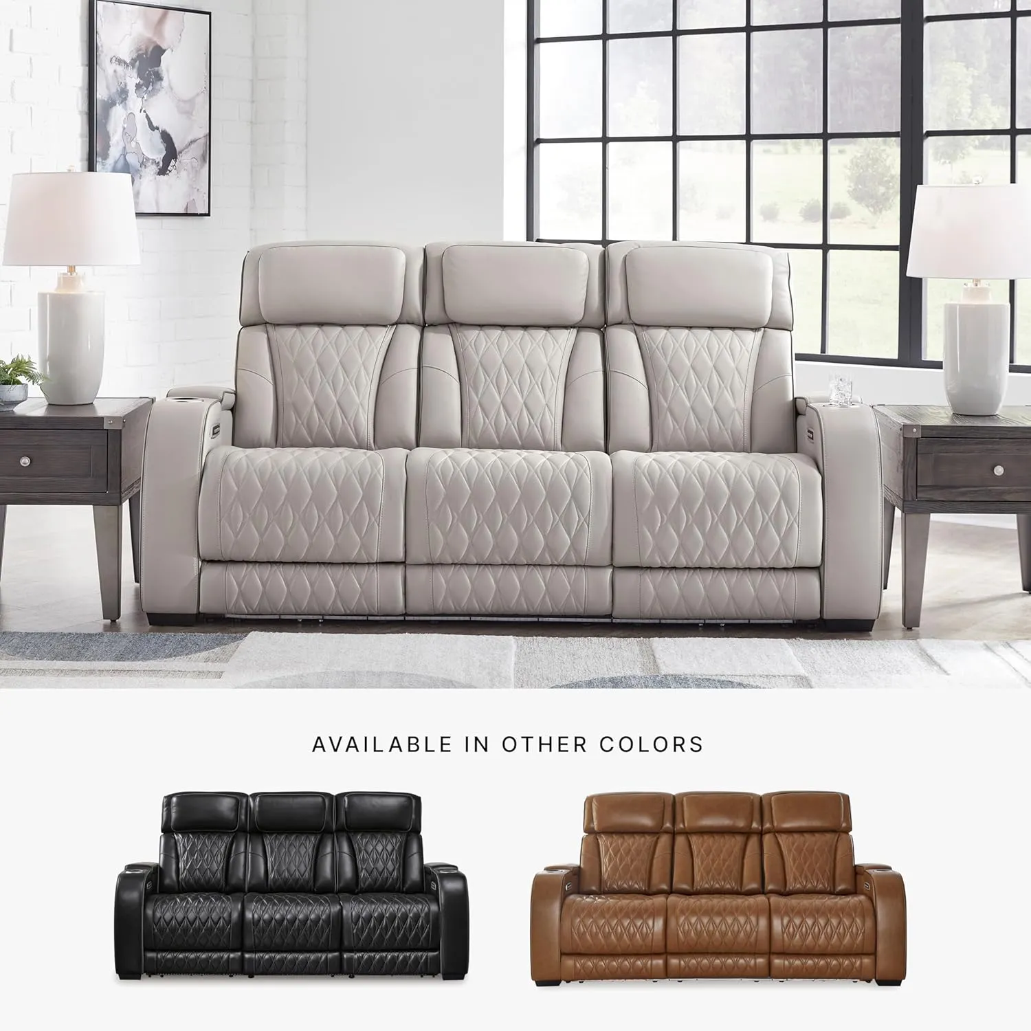 Signature Design by Ashley Boyington Contemporary Leather Match Power Reclining Sofa with USB Charging Ports, LED Lights and Adjustable Headrest, Light Gray