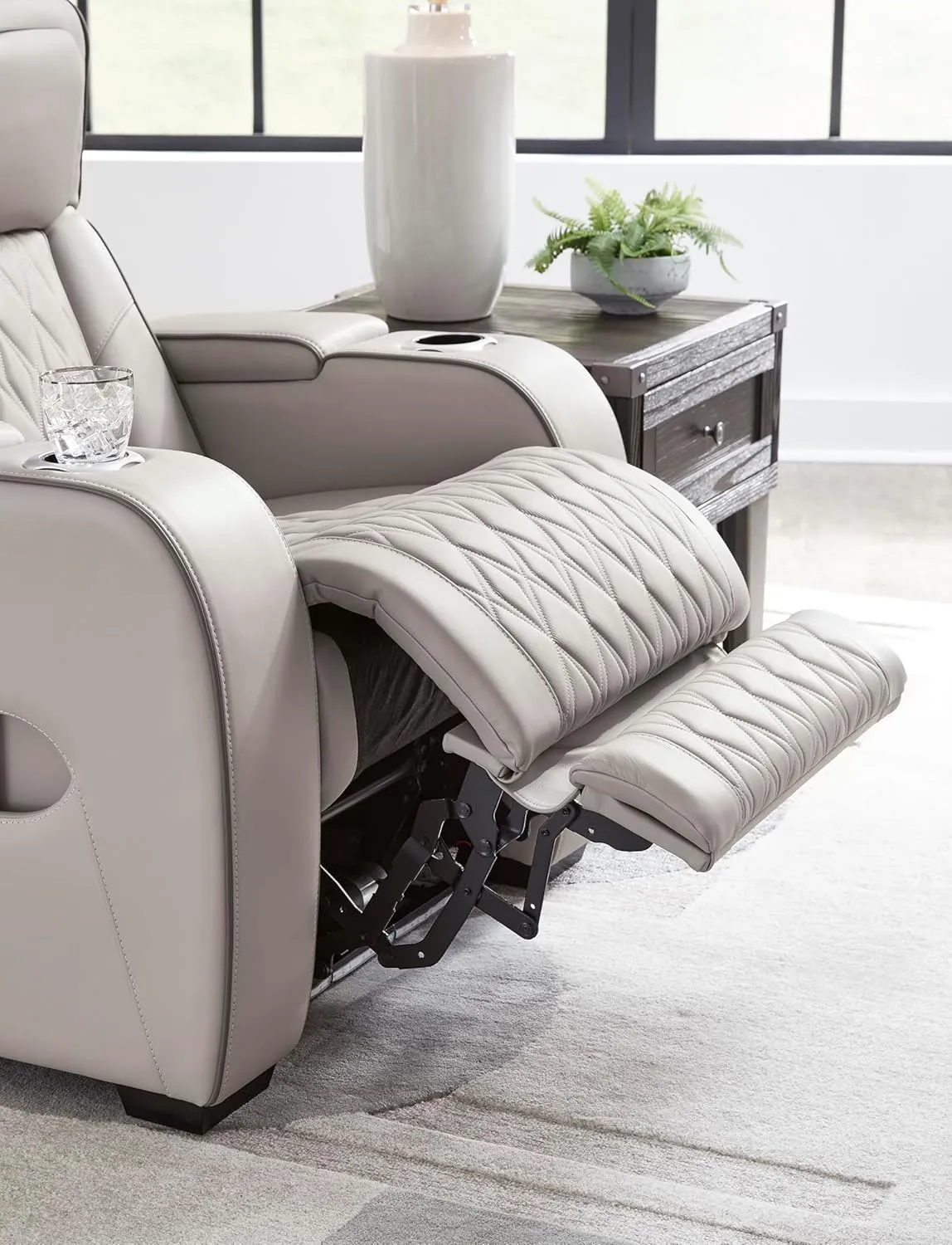 Signature Design by Ashley Boyington Contemporary Leather Match Power Reclining Sofa with USB Charging Ports, LED Lights and Adjustable Headrest, Light Gray