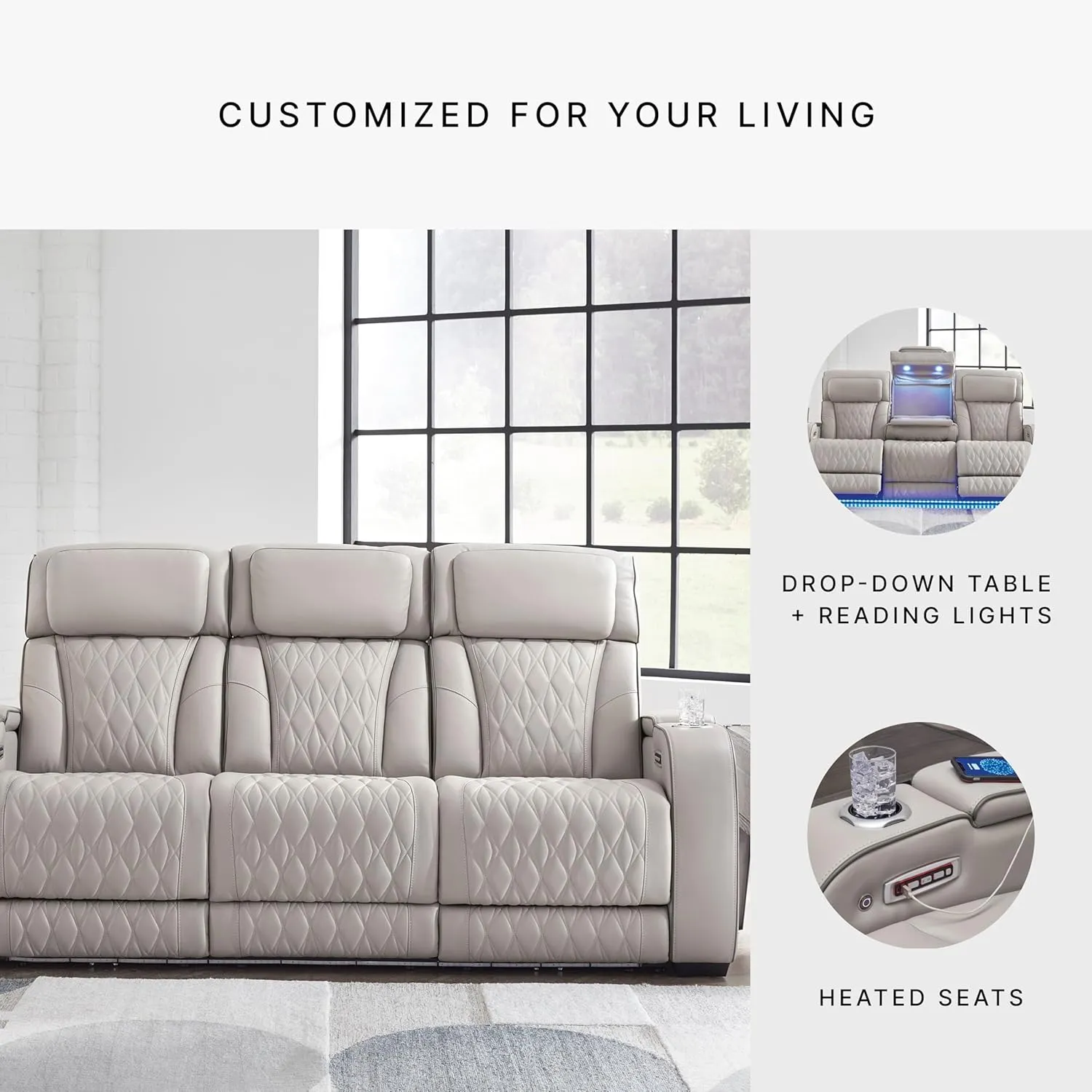Signature Design by Ashley Boyington Contemporary Leather Match Power Reclining Sofa with USB Charging Ports, LED Lights and Adjustable Headrest, Light Gray