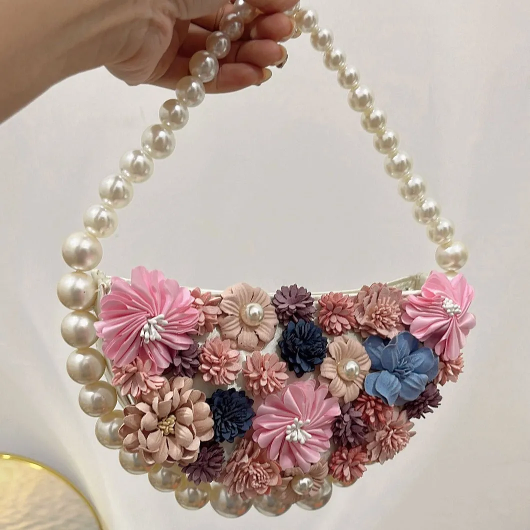 Silk clutch bag - pearl-embellished floral handbag