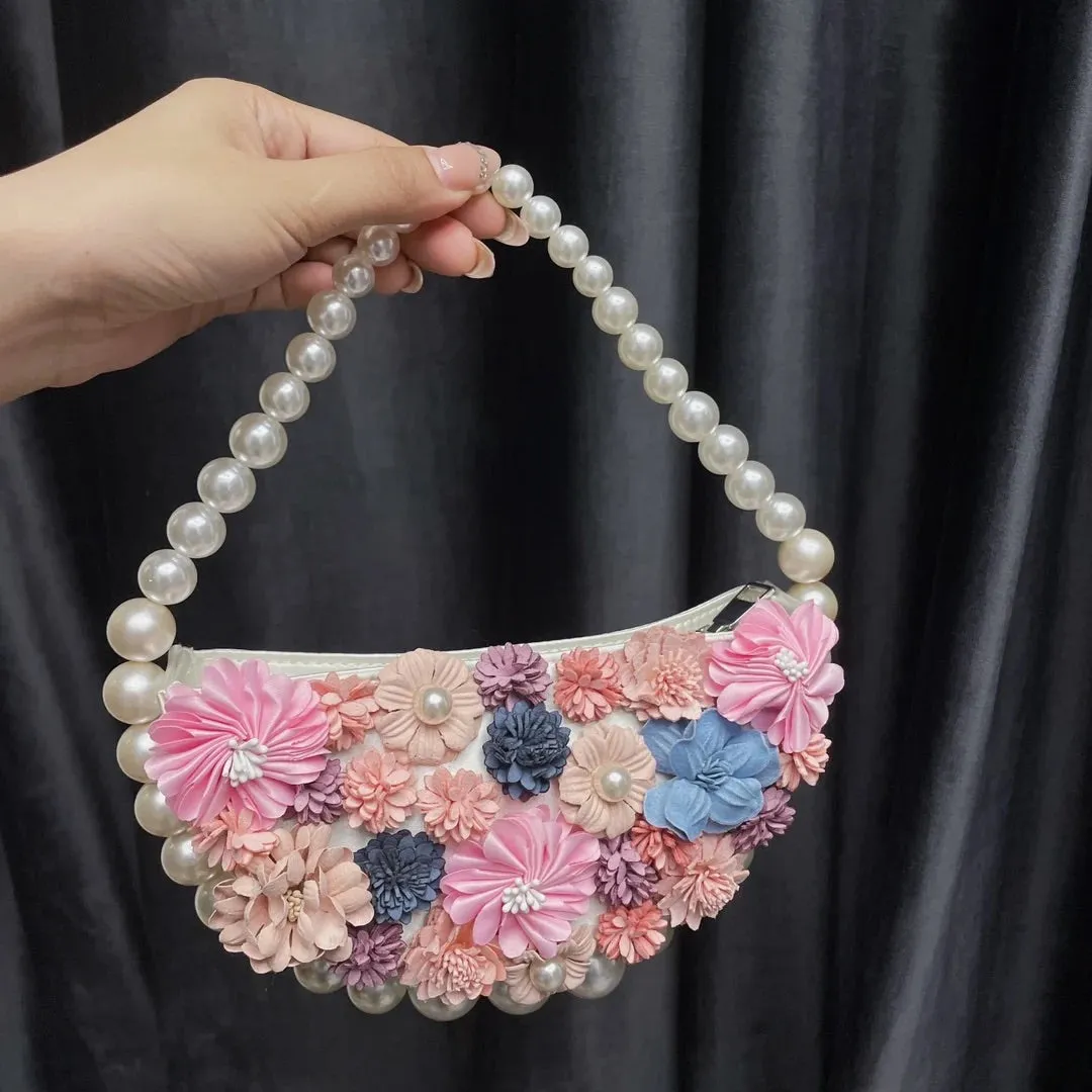 Silk clutch bag - pearl-embellished floral handbag
