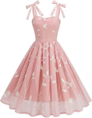Silk Embroidered Dress for Women Bow Tie Spaghetti Strap Tulle Prom Dress 50s A line Cocktail Evening Party Dresses