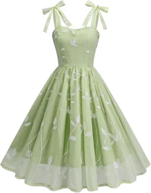 Silk Embroidered Dress for Women Bow Tie Spaghetti Strap Tulle Prom Dress 50s A line Cocktail Evening Party Dresses