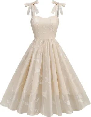 Silk Embroidered Dress for Women Bow Tie Spaghetti Strap Tulle Prom Dress 50s A line Cocktail Evening Party Dresses