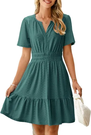 Simplee Womens 2025 Summer Mini Dress Eyelet Short Sleeve Cocktail Short Dresses Cute A Line Sun Dress with Pockets
