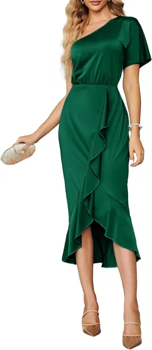 Simplee Women's Sexy One Shoulder Midi Cocktail Dress Fall Formal High Low Ruffle Elegant Party Dress for Wedding Guest (Emerald Green X-Large)