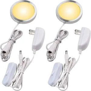 Single LED Kitchen Under Cabinet Puck Light, 120V Direct Wall Plug in Closet Cupboard Night Light, Easy to Mount, Inline On Off Switch, White Wires, 2 Packs, Warm White