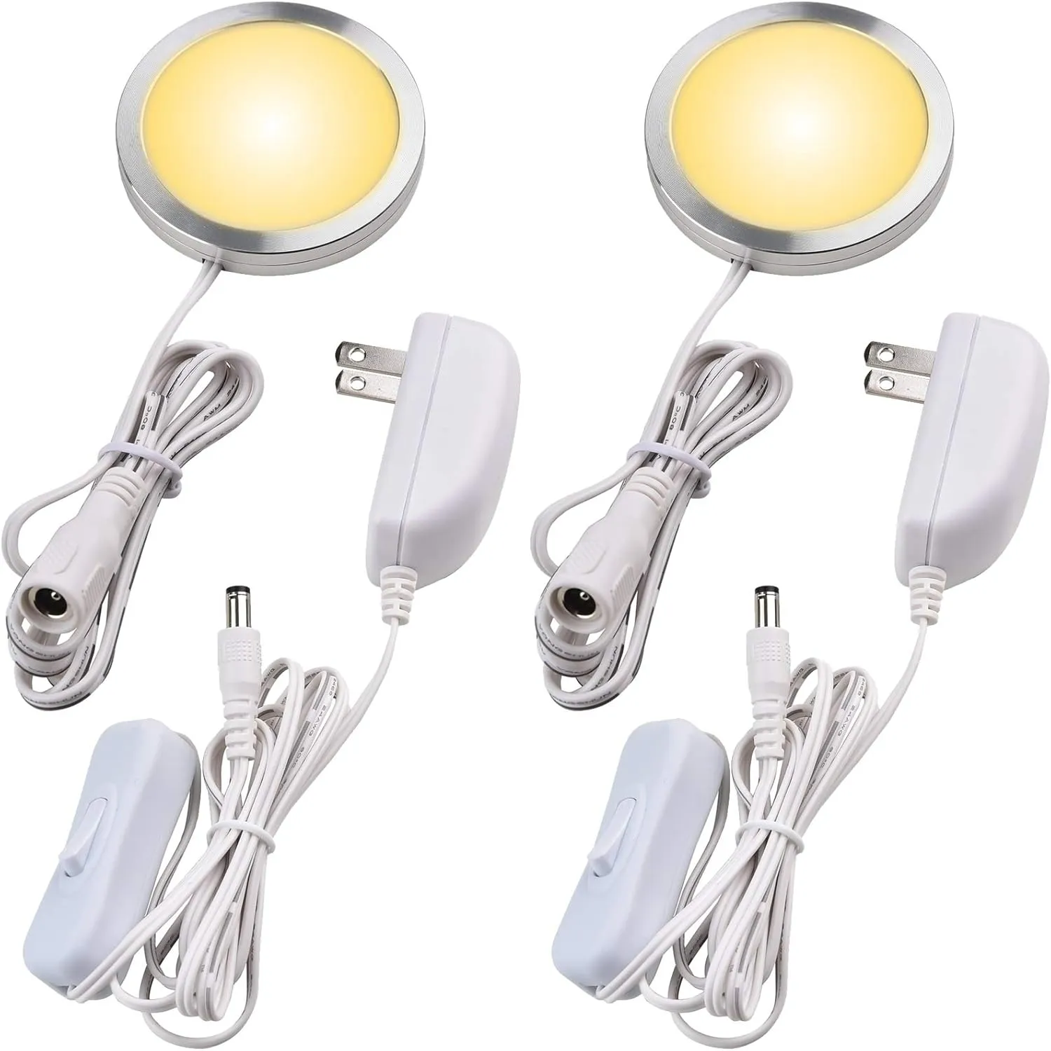 Single LED Kitchen Under Cabinet Puck Light, 120V Direct Wall Plug in Closet Cupboard Night Light, Easy to Mount, Inline On Off Switch, White Wires, 2 Packs, Warm White
