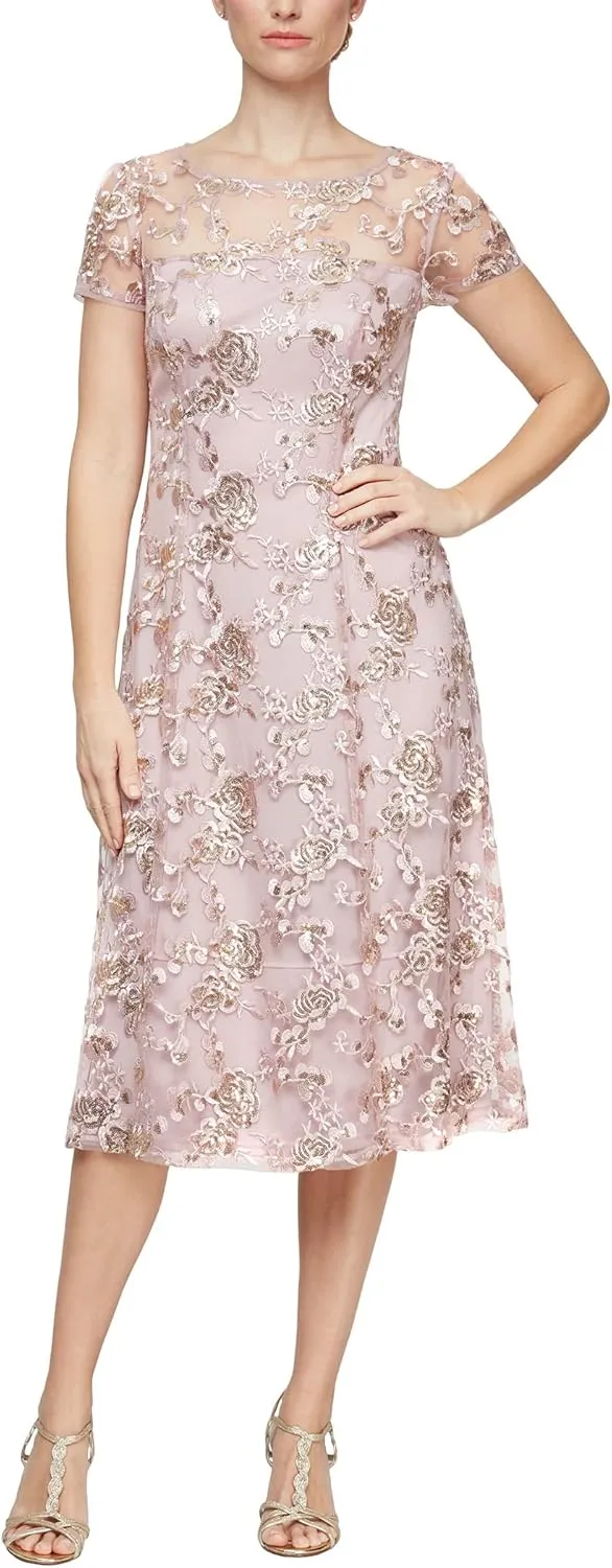 S.L. Fashions Women's Tea Length Cap Sleeve Illusion Neckline Embroidered Lace Dress