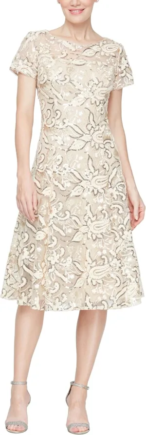 S.L. Fashions Women's Tea Length Cap Sleeve Illusion Neckline Embroidered Lace Dress