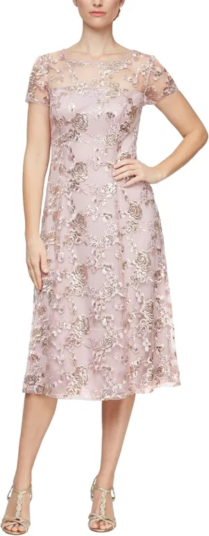 S.L. Fashions Women's Tea Length Cap Sleeve Illusion Neckline Embroidered Lace Dress