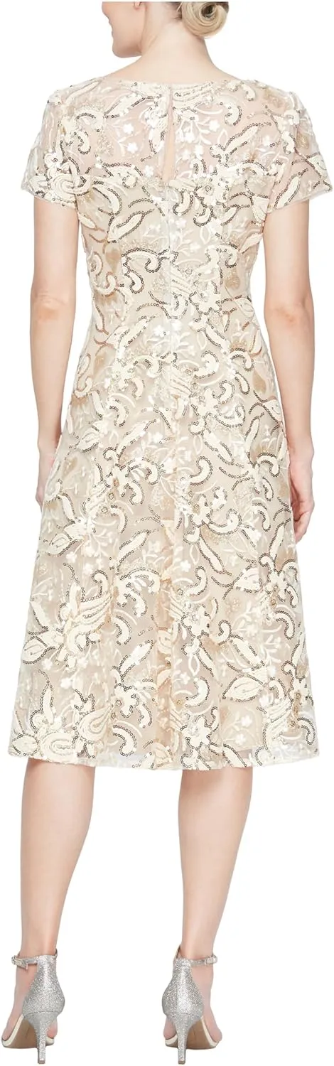 S.L. Fashions Women's Tea Length Cap Sleeve Illusion Neckline Embroidered Lace Dress