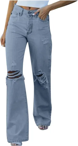 SMIDOW Women Straight Leg Ripped Jeans Bootcut Jeans Denim Pants Floor Length Fashion Teen Girls Jeans Bottoms Relaxed Fit