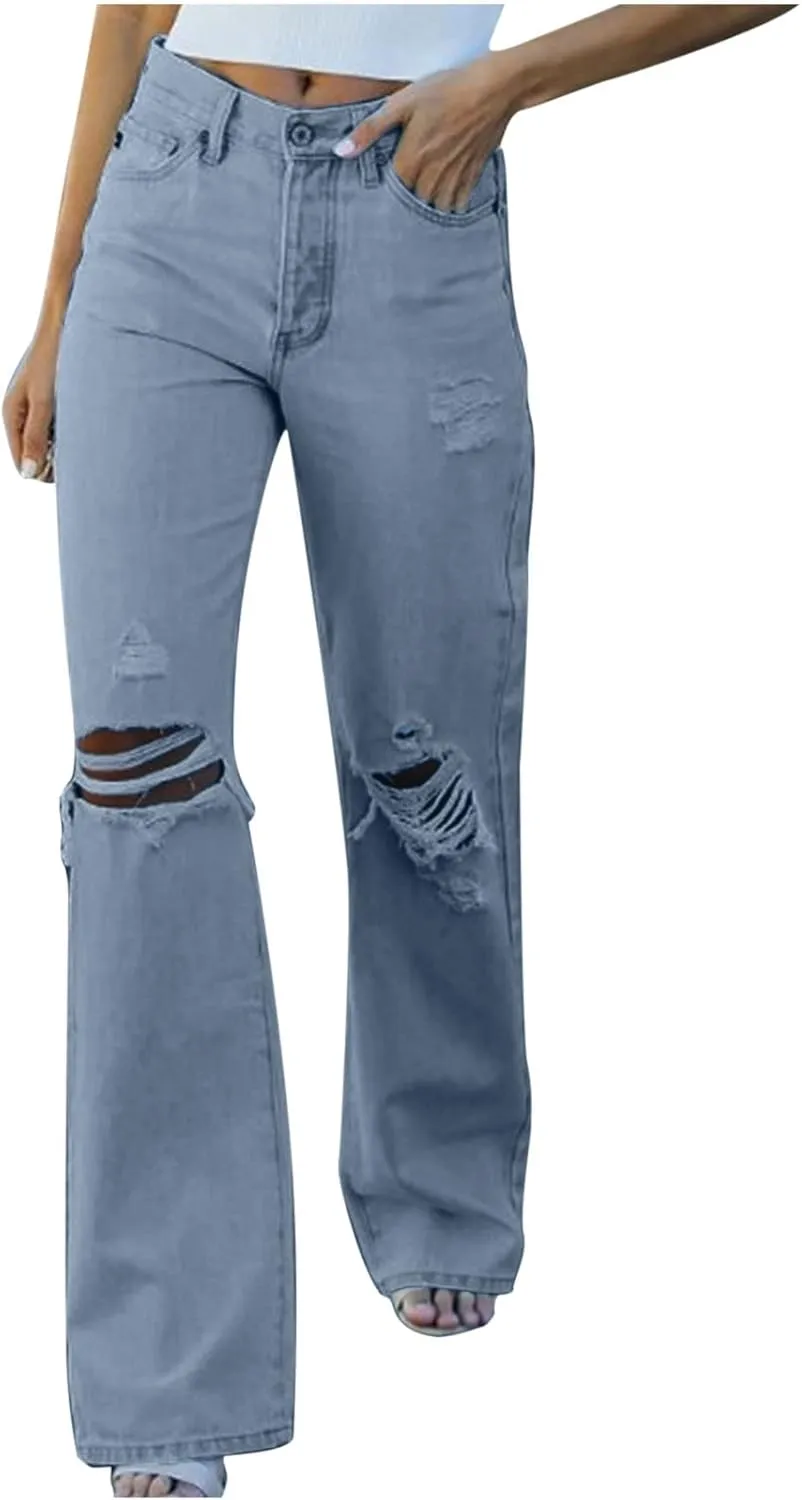 SMIDOW Women Straight Leg Ripped Jeans Bootcut Jeans Denim Pants Floor Length Fashion Teen Girls Jeans Bottoms Relaxed Fit