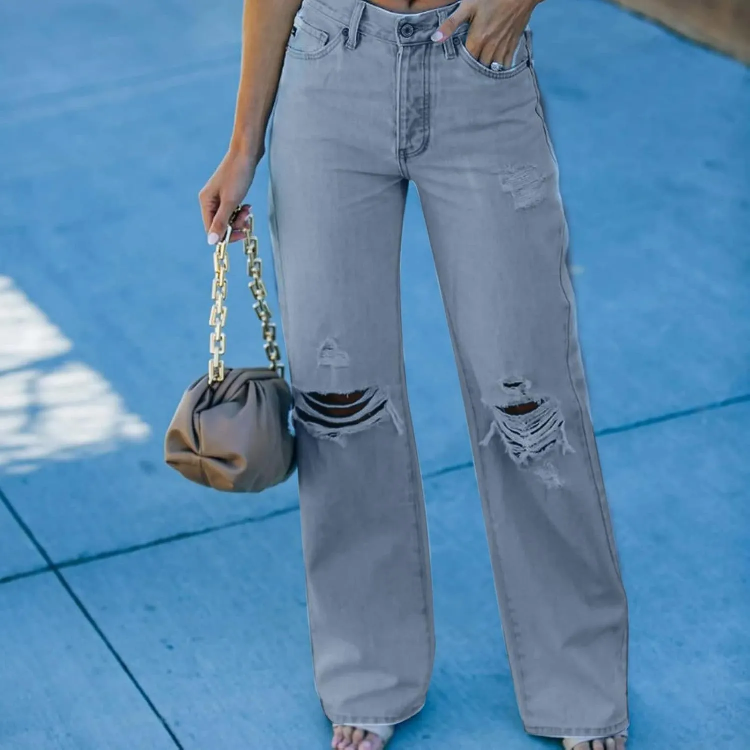 SMIDOW Women Straight Leg Ripped Jeans Bootcut Jeans Denim Pants Floor Length Fashion Teen Girls Jeans Bottoms Relaxed Fit