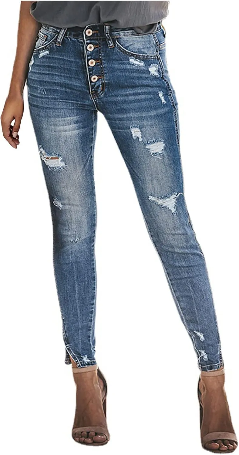 SMIDOW Women's Raw Hem Capri Jeans Ripped Jeans Cropped Jeans Distressed Tapered Jeans Petite Jeans Denim Pants