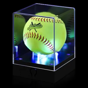 Softball Display Case with LED Light, Acrylic Softball Display Cube, UV Protected Clear Softball Holder Display Case for Memorabilia Softball for Fit 12'' Softball Baseball Golf Storage