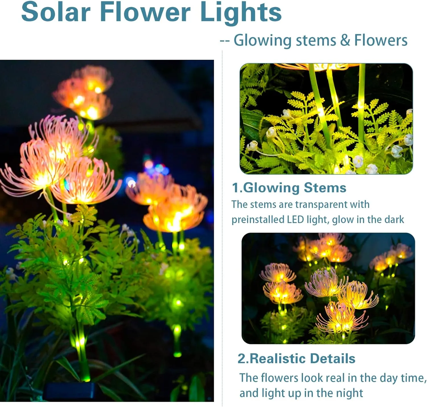 Solar Garden Lights, Solar Flowers Lights with Glowing Flowers & Stems, Upgraded Solar Panel, Outdoor Lights for Garden Decoration,Yard Decor and Gift for Mother (2 Pack)