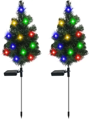 Solar-Powered Christmas Tree Lights, 2Pcs, Outdoor Garden Stake Decorations, Green Pine Design for Holiday Yard Display