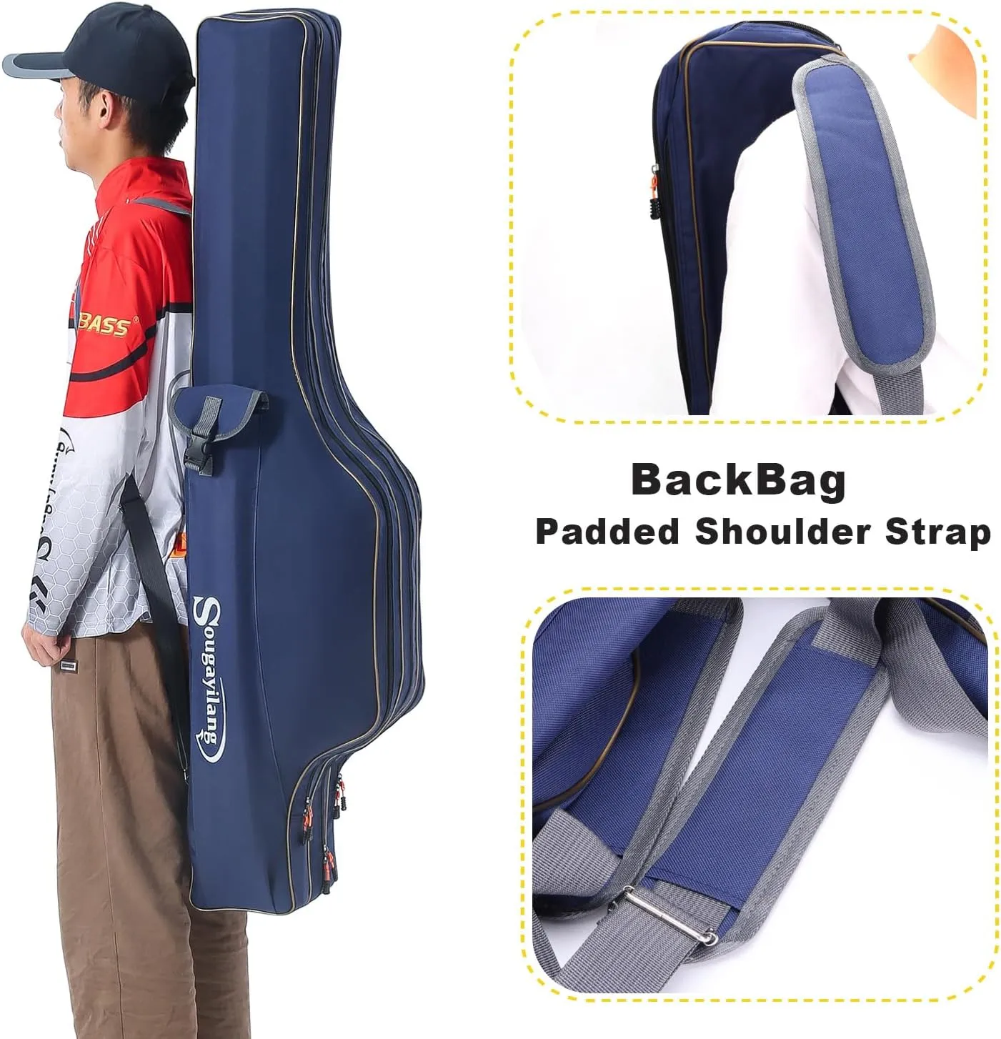 Sougayilang Fishing Rod Case, 3 Layers Organizer Pole Storage Bag Fishing Rod and Reel Carrier Organizer for Travel-135cm/53in-Blue