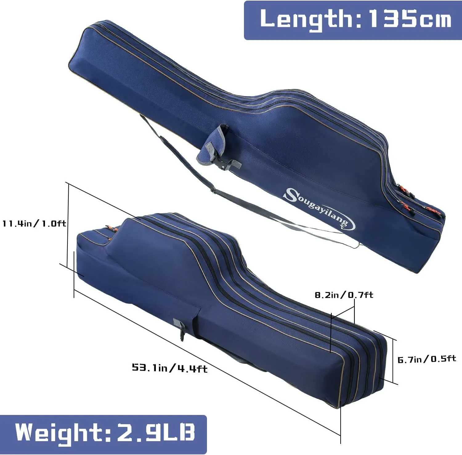 Sougayilang Fishing Rod Case, 3 Layers Organizer Pole Storage Bag Fishing Rod and Reel Carrier Organizer for Travel-135cm/53in-Blue