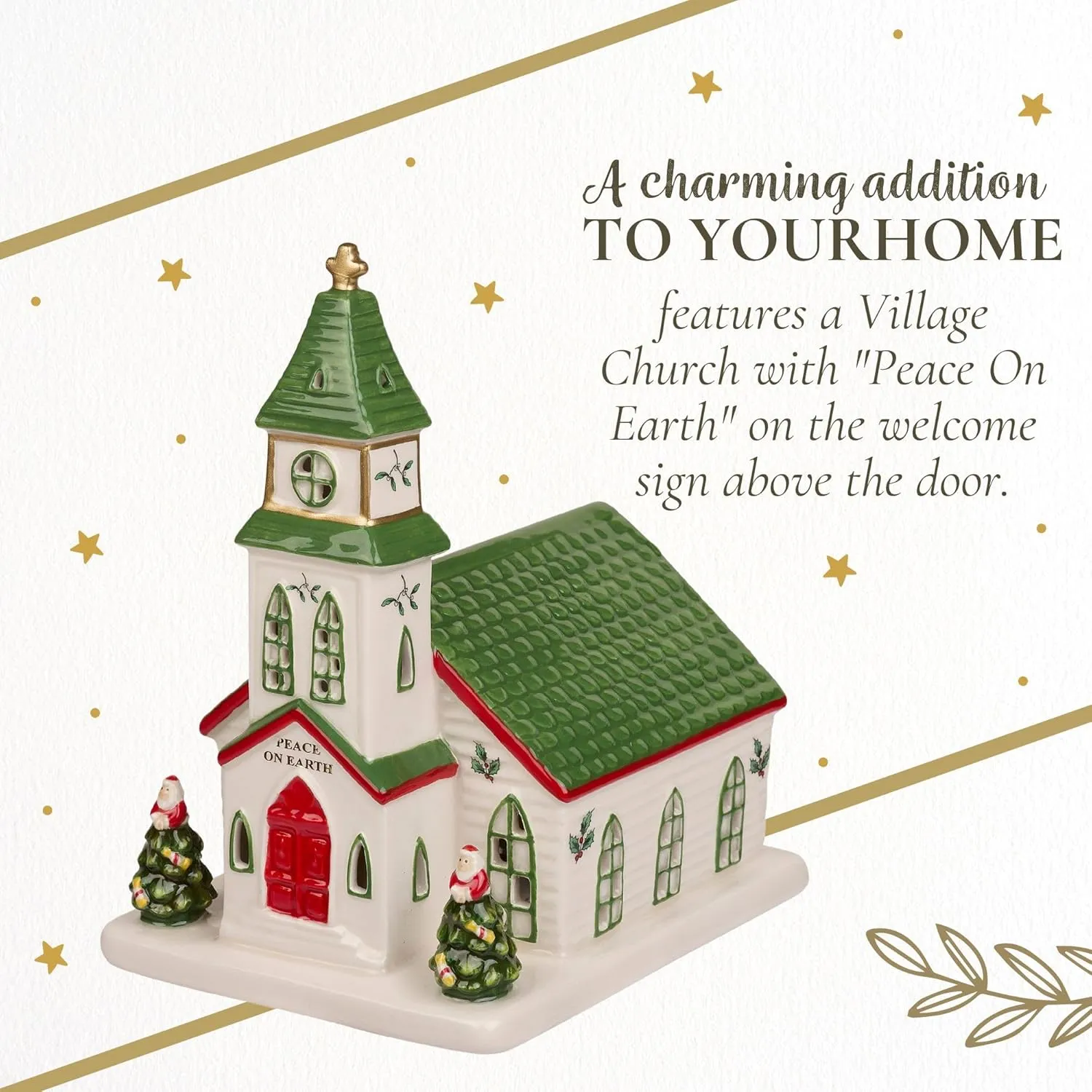 Spode Christmas Tree Miniature Christmas Village Figural Decoration, LED Lighted Christmas Village Set, Ceramic Holiday Decor - Dolomite Christmas Collectible for Indoor Display (Church)