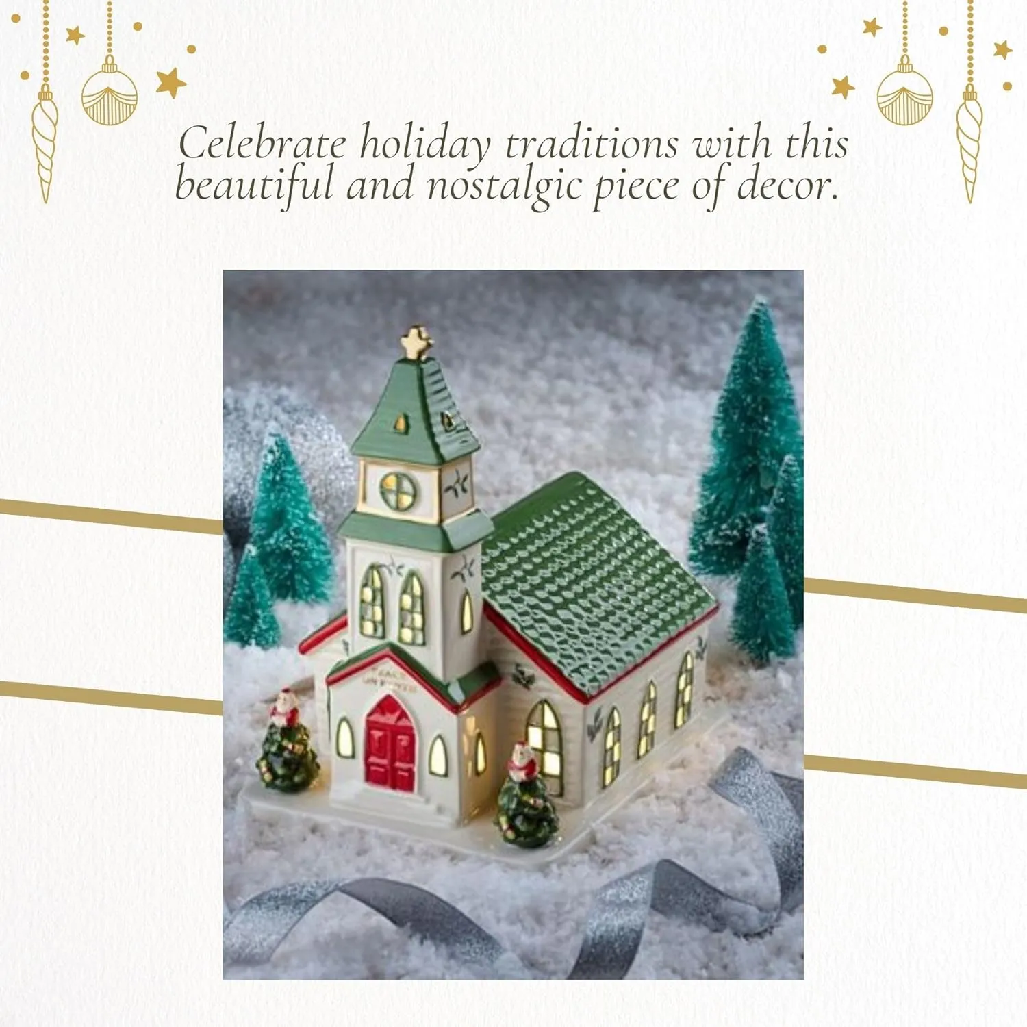 Spode Christmas Tree Miniature Christmas Village Figural Decoration, LED Lighted Christmas Village Set, Ceramic Holiday Decor - Dolomite Christmas Collectible for Indoor Display (Church)