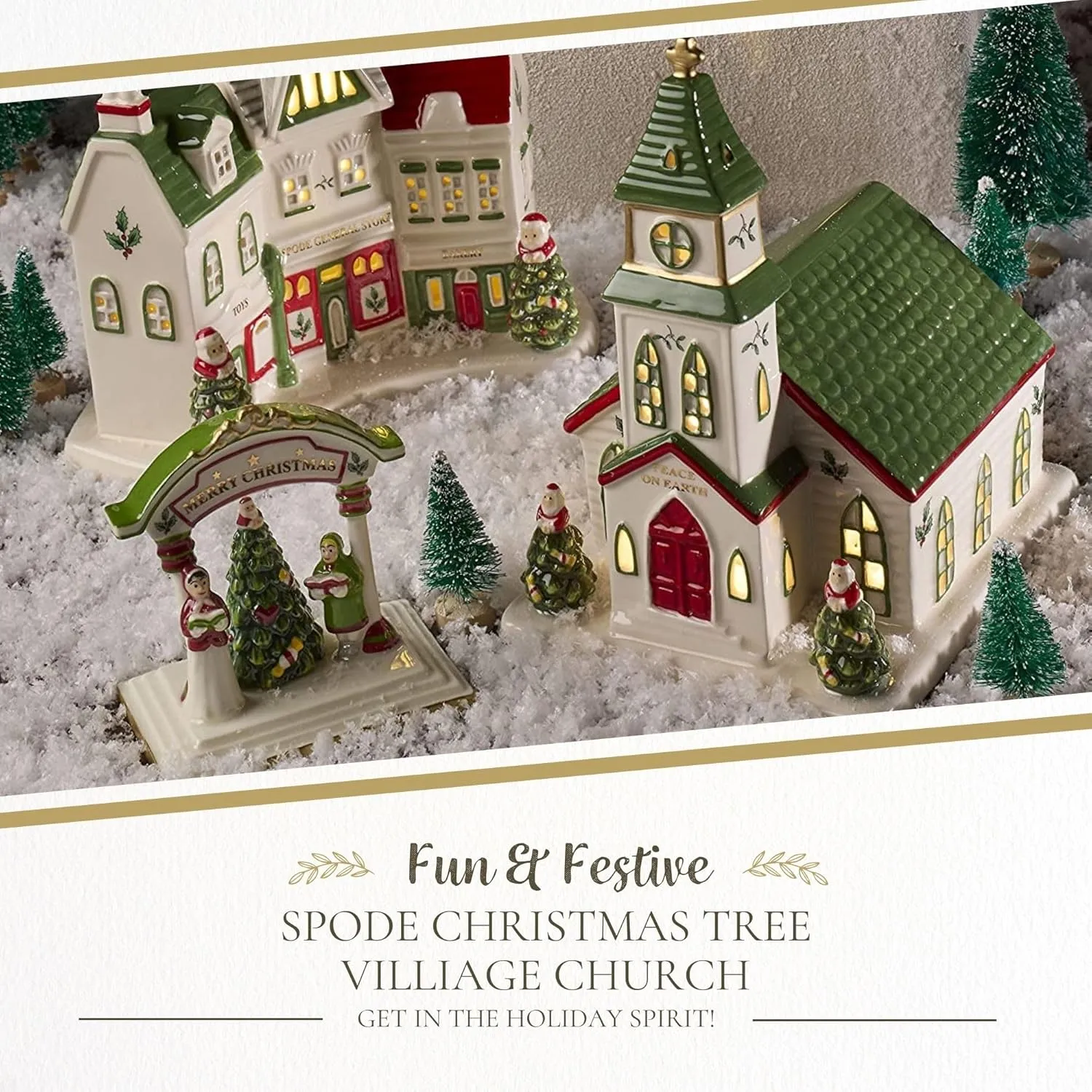 Spode Christmas Tree Miniature Christmas Village Figural Decoration, LED Lighted Christmas Village Set, Ceramic Holiday Decor - Dolomite Christmas Collectible for Indoor Display (Church)