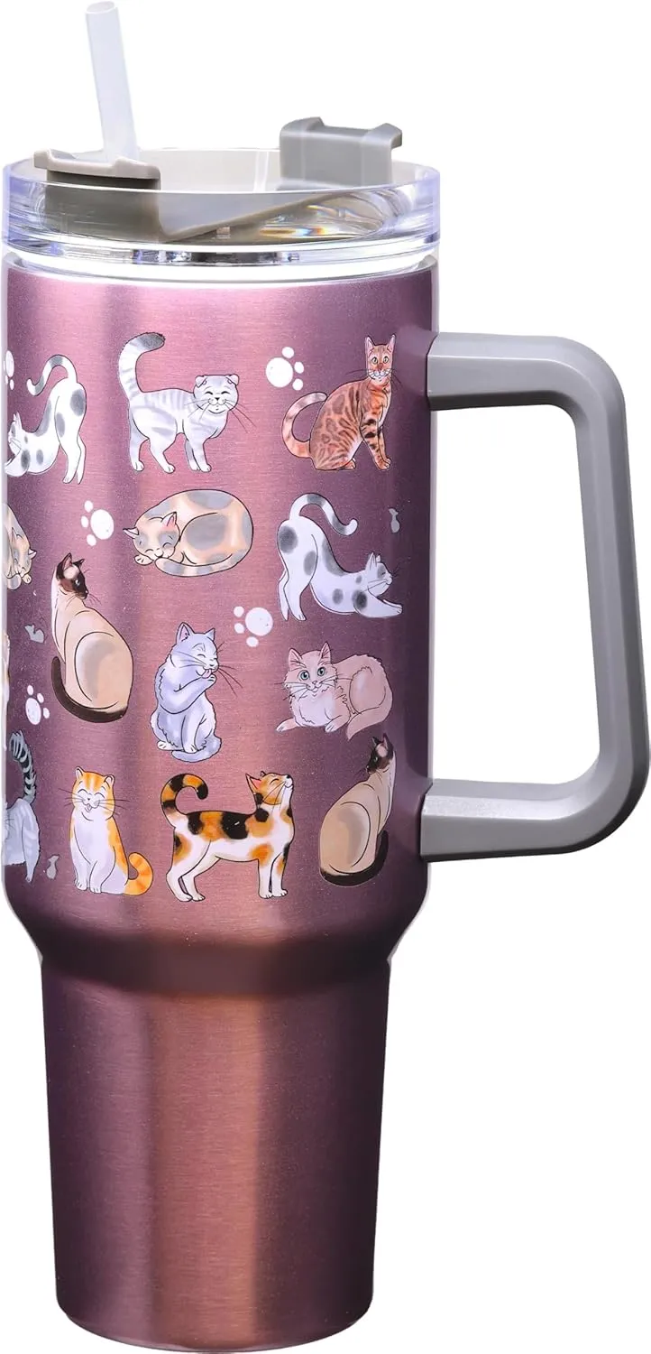 Spoontiques - Stainless Steel Travel Mug with Handle - 40 oz Capacity - Double Wall Stainless Steel with Sliding Lock Travel Lid - 11” Tall - Cat Doodles