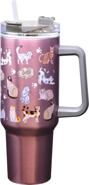 Spoontiques - Stainless Steel Travel Mug with Handle - 40 oz Capacity - Double Wall Stainless Steel with Sliding Lock Travel Lid - 11” Tall - Cat Doodles