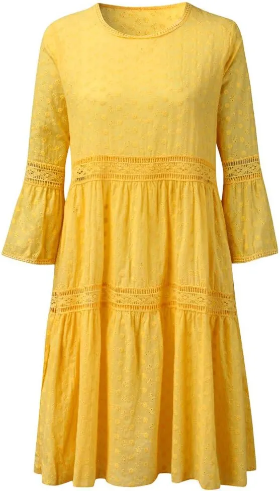 Spring Dresses for Women 2025,Lace Patchwork Casual Dresses Modest 3/4 Long Sleeve Mini Dress for Going Out Beach