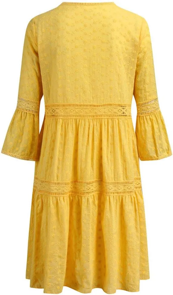 Spring Dresses for Women 2025,Lace Patchwork Casual Dresses Modest 3/4 Long Sleeve Mini Dress for Going Out Beach