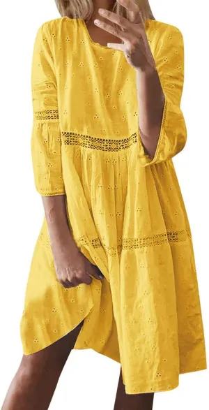 Spring Dresses for Women 2025,Lace Patchwork Casual Dresses Modest 3/4 Long Sleeve Mini Dress for Going Out Beach