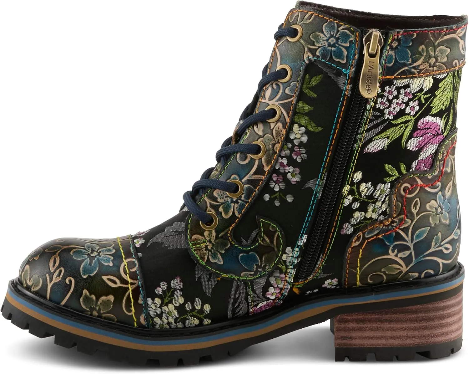 Spring Step L'Artiste Fantastic Booties for Women - Floral Hand Painted Womens Ankle Boots Low Heel - Everyday Wear Leather and Textile Western Booties