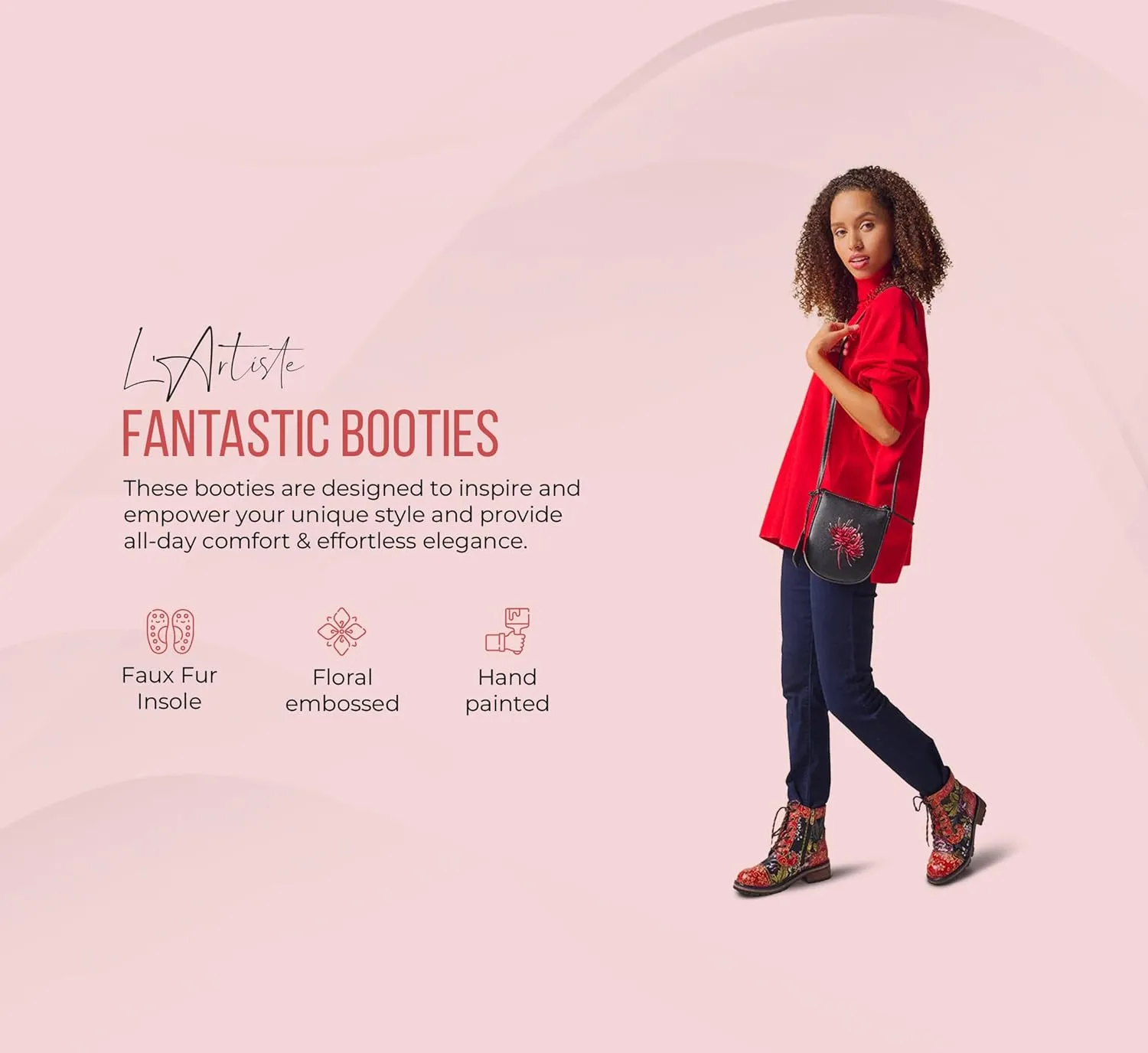 Spring Step L'Artiste Fantastic Booties for Women - Floral Hand Painted Womens Ankle Boots Low Heel - Everyday Wear Leather and Textile Western Booties