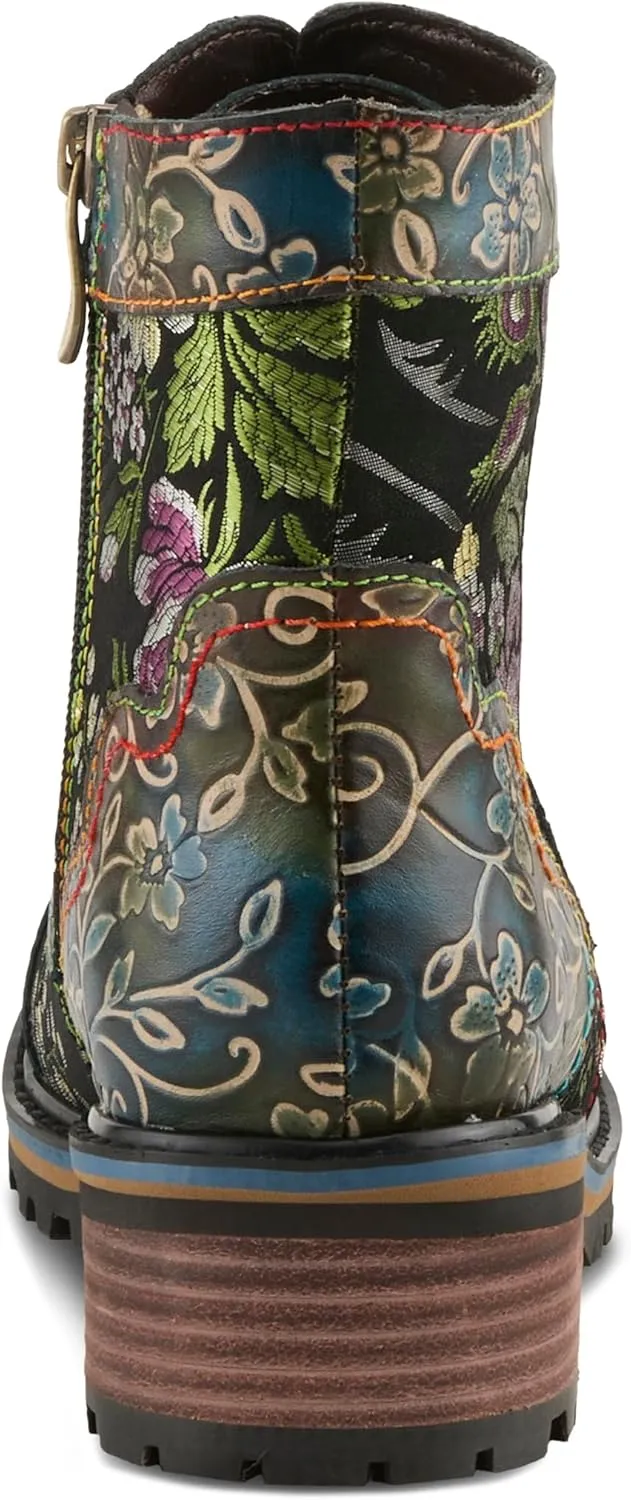 Spring Step L'Artiste Fantastic Booties for Women - Floral Hand Painted Womens Ankle Boots Low Heel - Everyday Wear Leather and Textile Western Booties