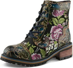 Spring Step L'Artiste Fantastic Booties for Women - Floral Hand Painted Womens Ankle Boots Low Heel - Everyday Wear Leather and Textile Western Booties