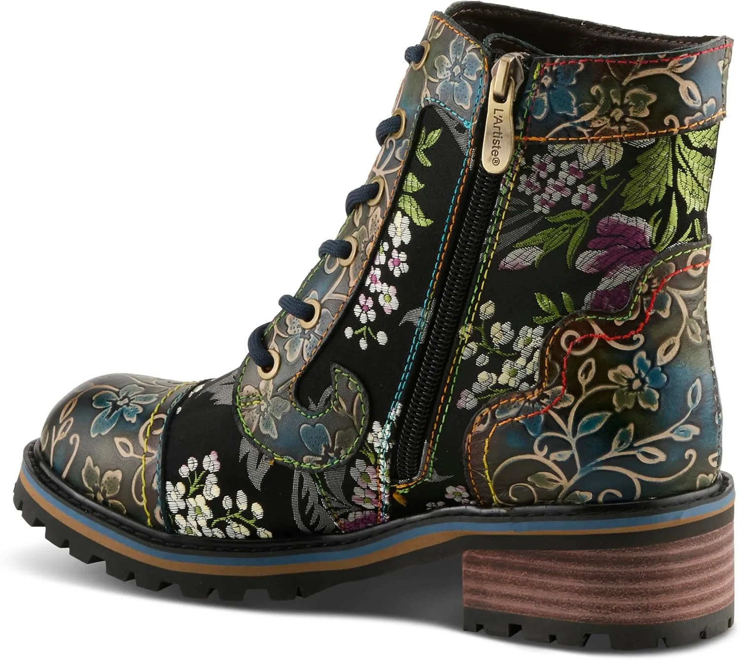 Spring Step L'Artiste Fantastic Booties for Women - Floral Hand Painted Womens Ankle Boots Low Heel - Everyday Wear Leather and Textile Western Booties
