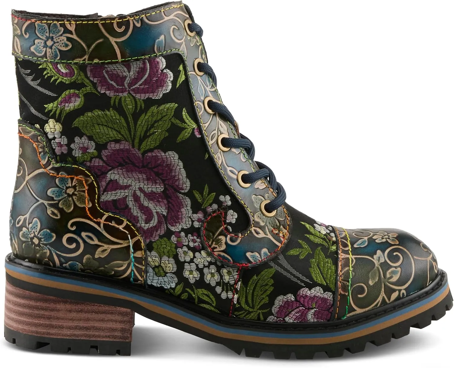 Spring Step L'Artiste Fantastic Booties for Women - Floral Hand Painted Womens Ankle Boots Low Heel - Everyday Wear Leather and Textile Western Booties