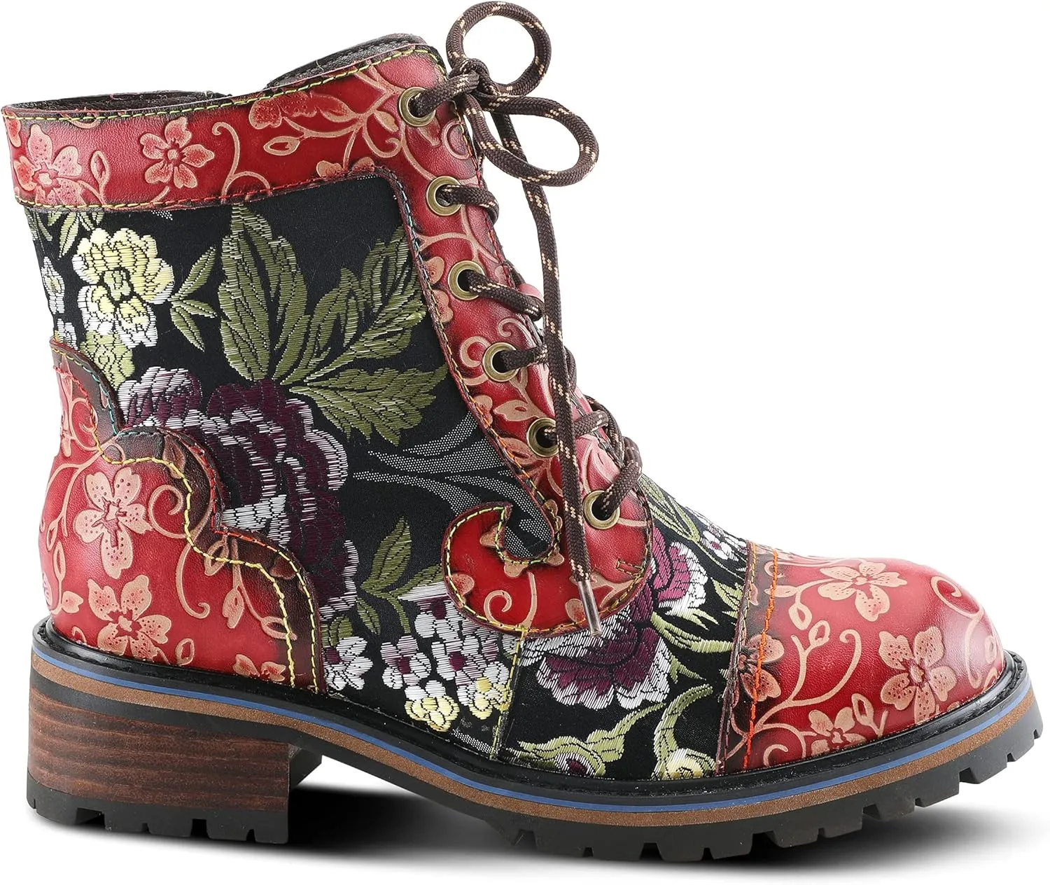 Spring Step L'Artiste Fantastic Booties for Women - Floral Hand Painted Womens Ankle Boots Low Heel - Everyday Wear Leather and Textile Western Booties