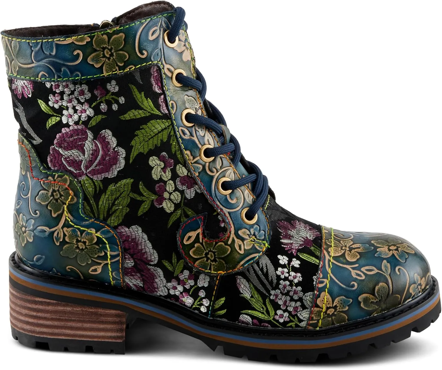 Spring Step L'Artiste Fantastic Booties for Women - Floral Hand Painted Womens Ankle Boots Low Heel - Everyday Wear Leather and Textile Western Booties