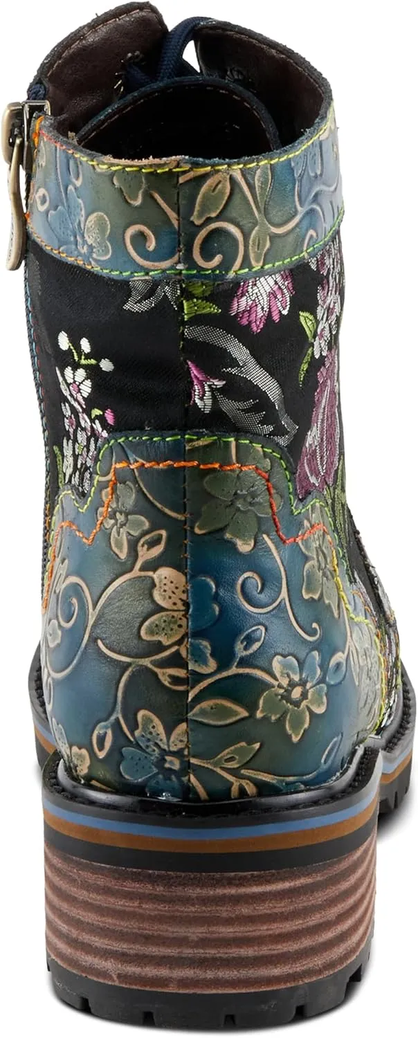 Spring Step L'Artiste Fantastic Booties for Women - Floral Hand Painted Womens Ankle Boots Low Heel - Everyday Wear Leather and Textile Western Booties