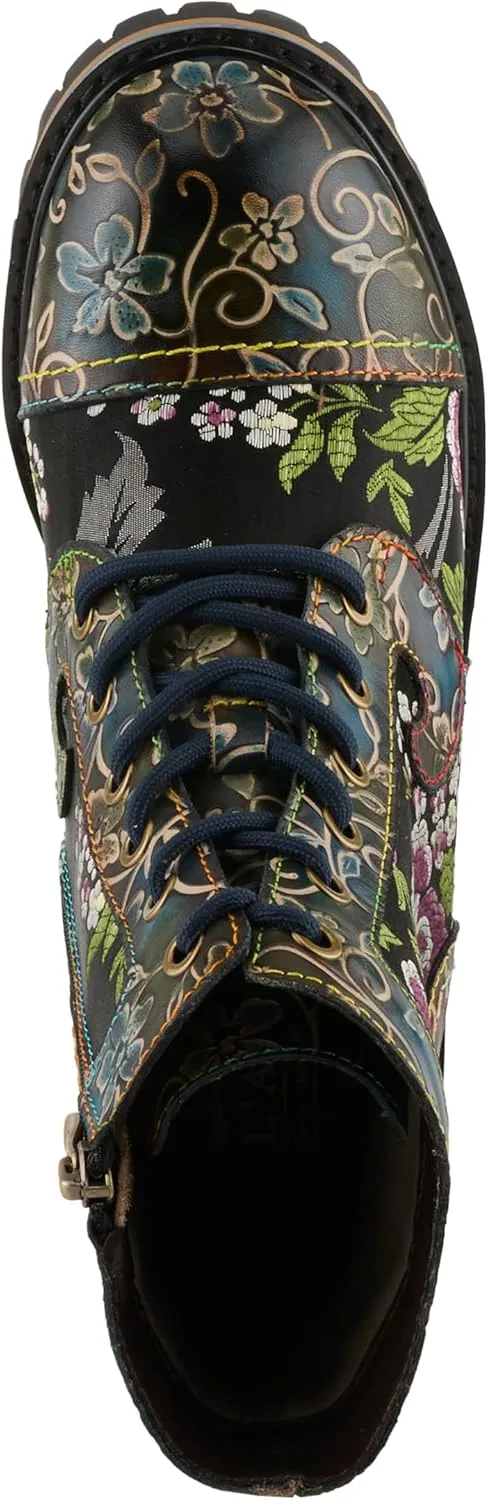 Spring Step L'Artiste Fantastic Booties for Women - Floral Hand Painted Womens Ankle Boots Low Heel - Everyday Wear Leather and Textile Western Booties