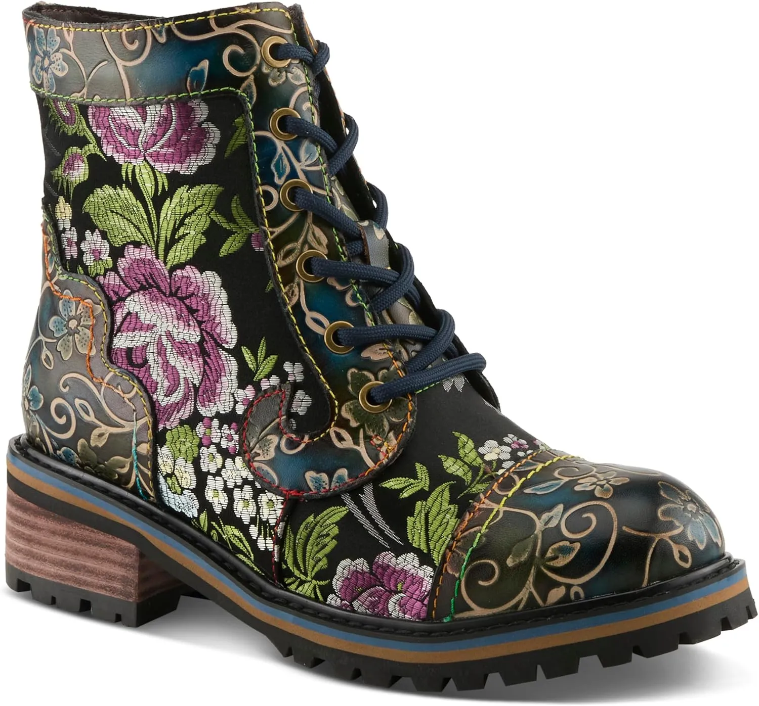 Spring Step L'Artiste Fantastic Booties for Women - Floral Hand Painted Womens Ankle Boots Low Heel - Everyday Wear Leather and Textile Western Booties