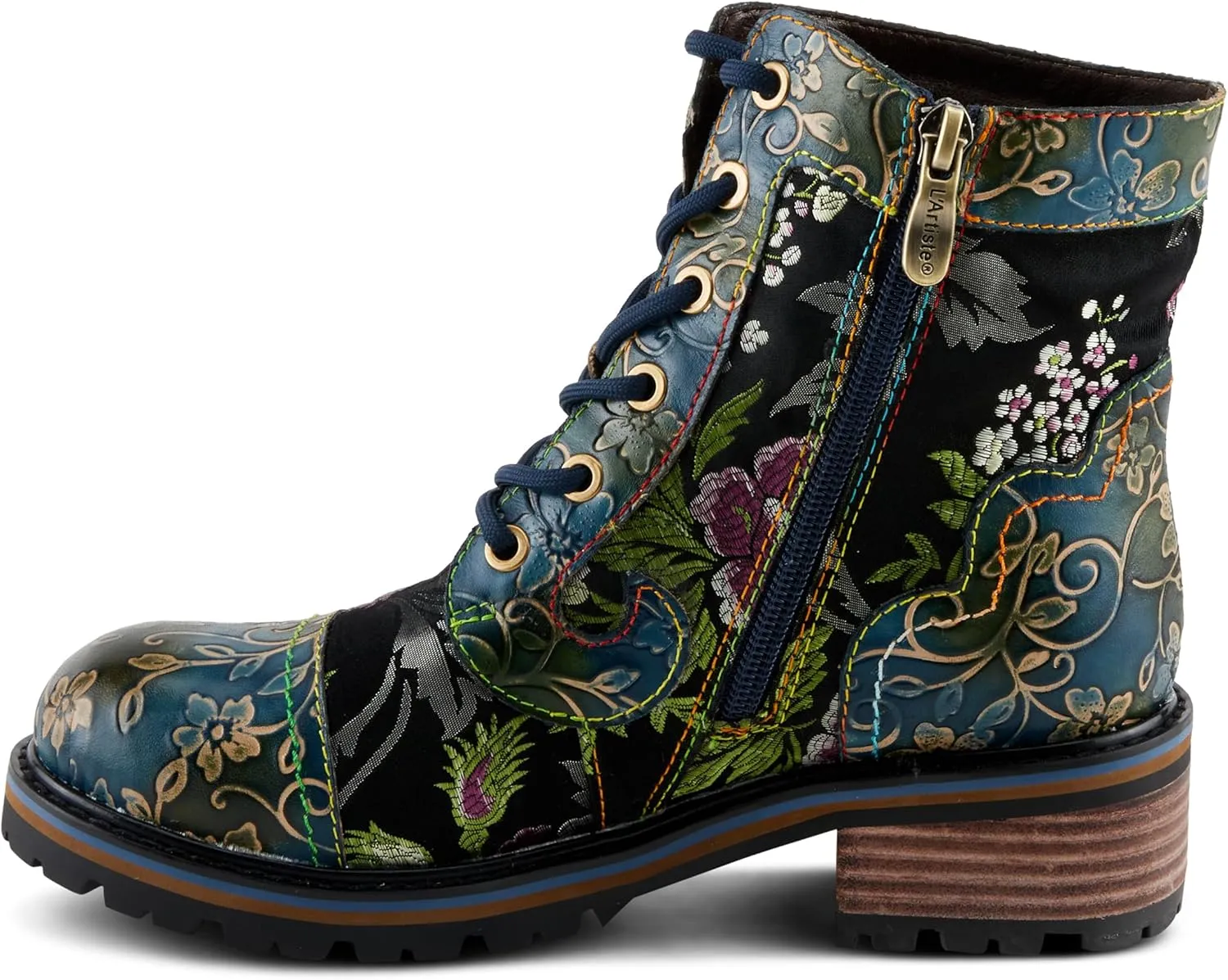 Spring Step L'Artiste Fantastic Booties for Women - Floral Hand Painted Womens Ankle Boots Low Heel - Everyday Wear Leather and Textile Western Booties