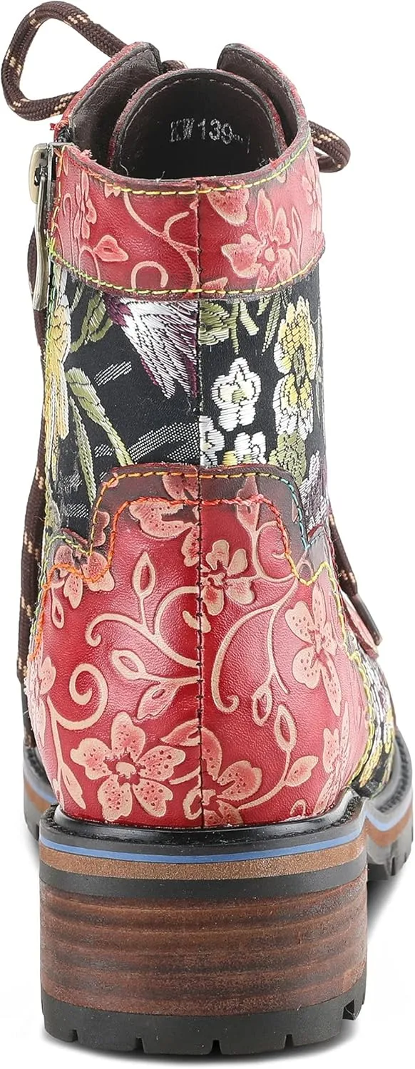 Spring Step L'Artiste Fantastic Booties for Women - Floral Hand Painted Womens Ankle Boots Low Heel - Everyday Wear Leather and Textile Western Booties