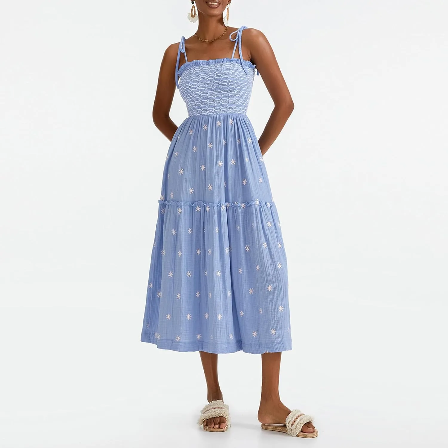 Summer Boho Maxi Dresses Sundresses for Women 2025 Floral Embroidered Tie Strap Smocked Ruffle Beach Long Dress