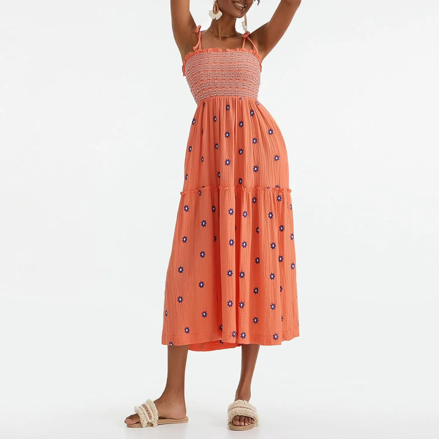 Summer Boho Maxi Dresses Sundresses for Women 2025 Floral Embroidered Tie Strap Smocked Ruffle Beach Long Dress