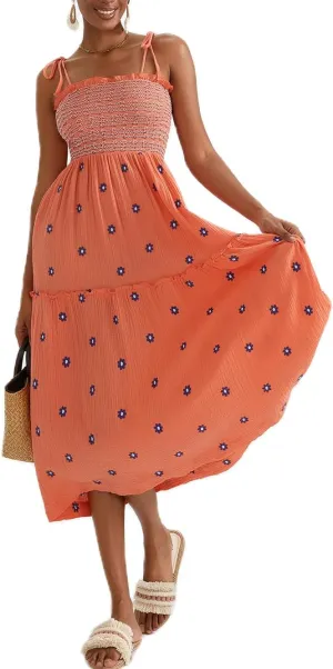 Summer Boho Maxi Dresses Sundresses for Women 2025 Floral Embroidered Tie Strap Smocked Ruffle Beach Long Dress